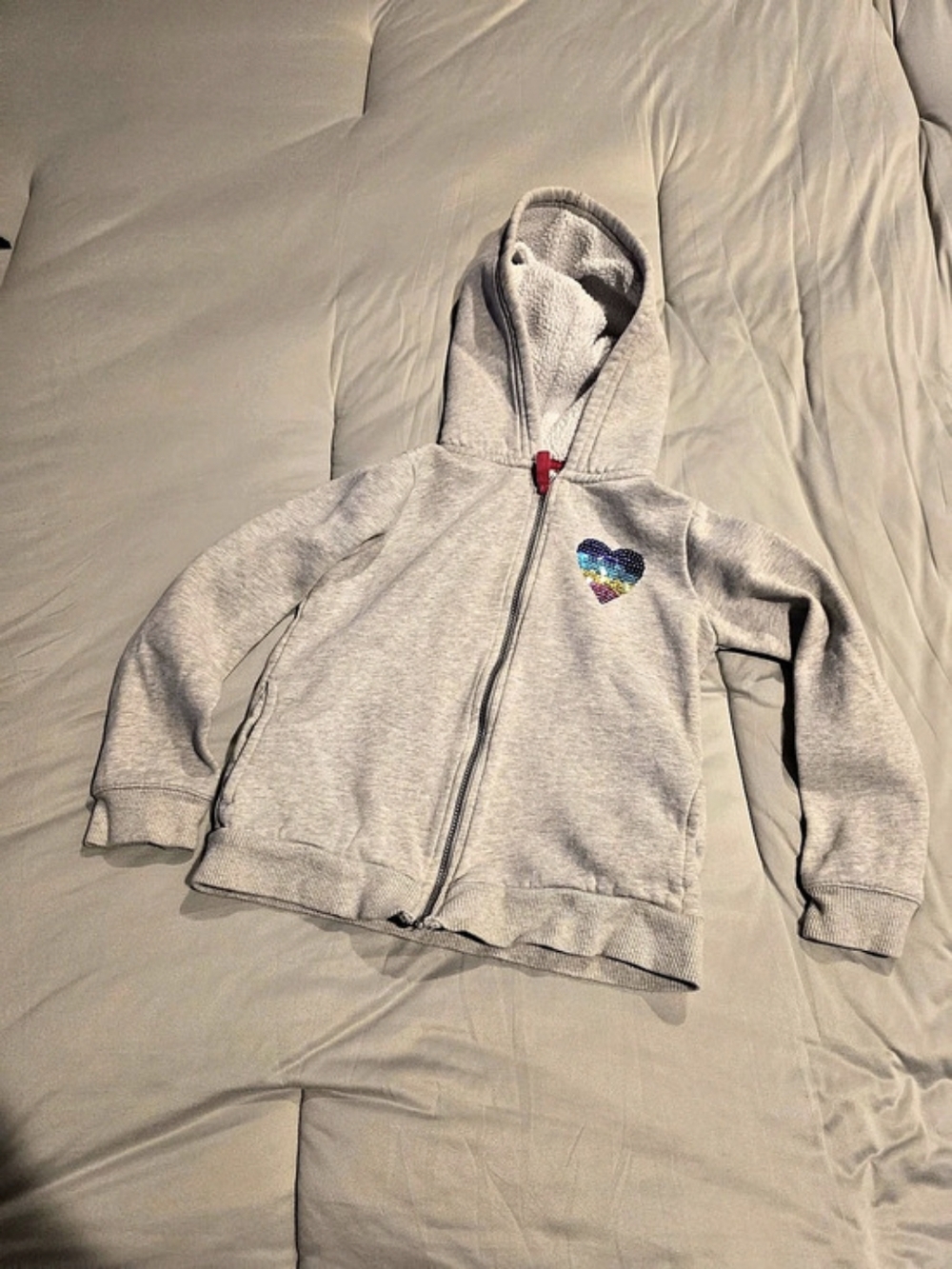 Kids Gray Zip Hoodie With Fleece Lined Hood And Rainbow Sequined Heart